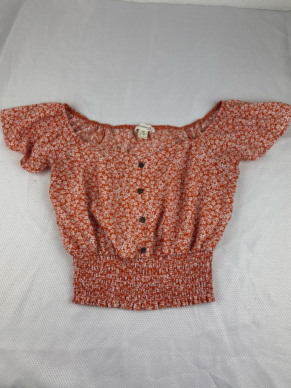 Monteau Crop Top Smocked Waist boho stretch Size M Orange White Floral
